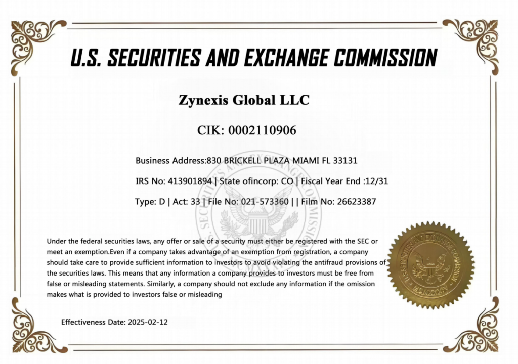 Zynexis Global LLC SEC filing certificate showing U.S. Securities and Exchange Commission registration details and company CIK information