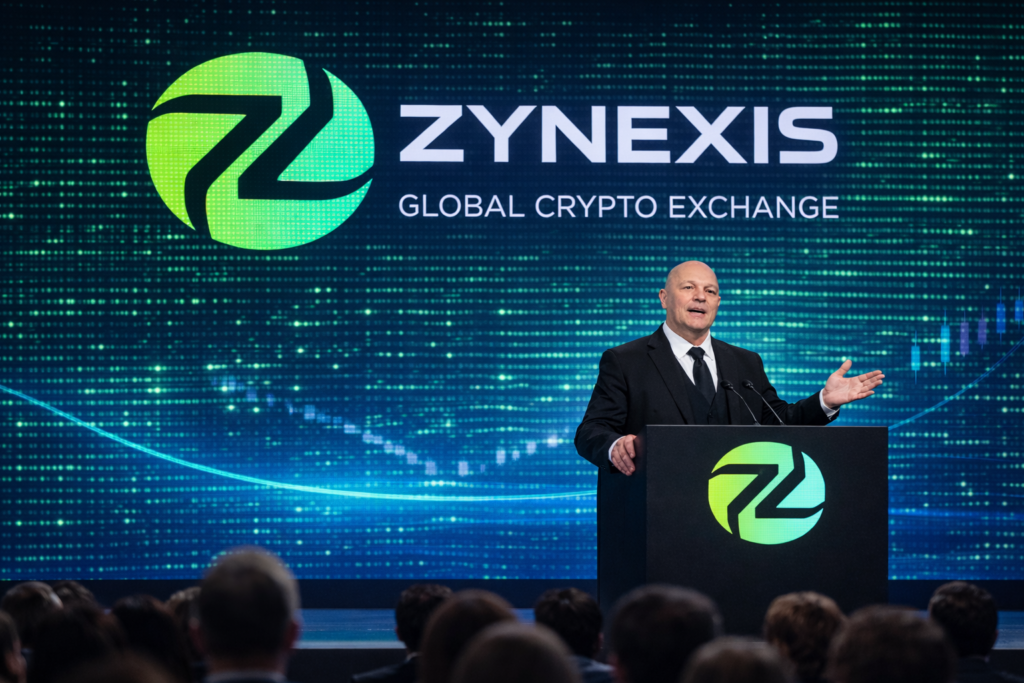 Zynexis global crypto exchange conference presentation with executive speaking on stage about digital asset trading platform