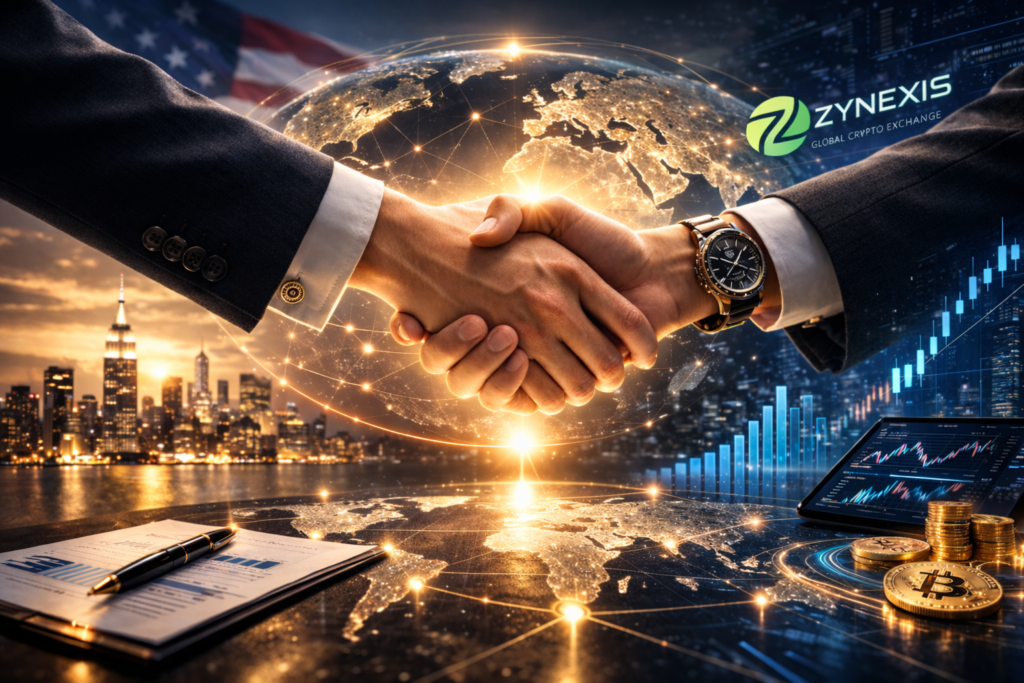 Zynexis strategic partnership handshake global crypto exchange collaboration digital asset trading infrastructure fintech market growth