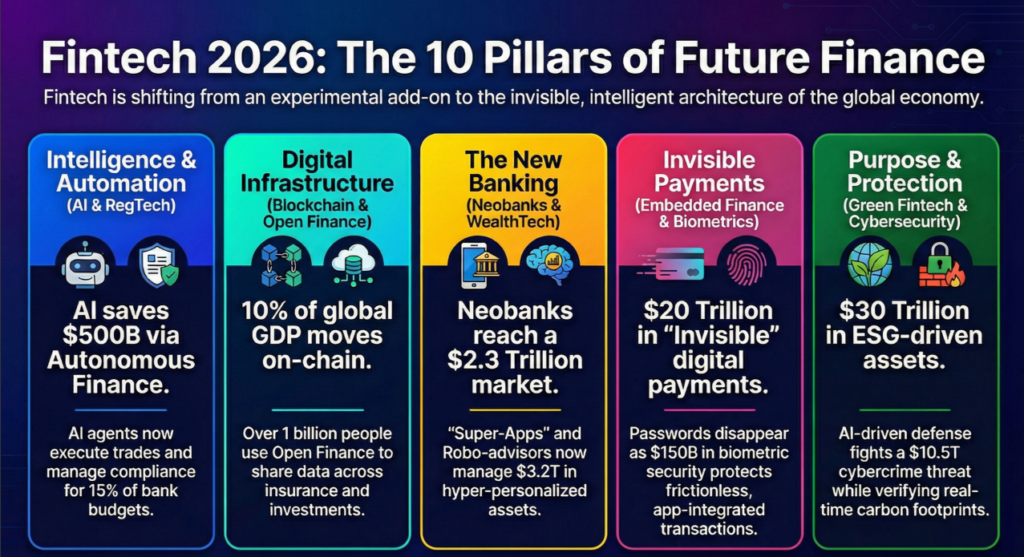 Zynexis fintech industry outlook infographic showing key pillars of future finance including AI, blockchain infrastructure, neobanks and digital payments