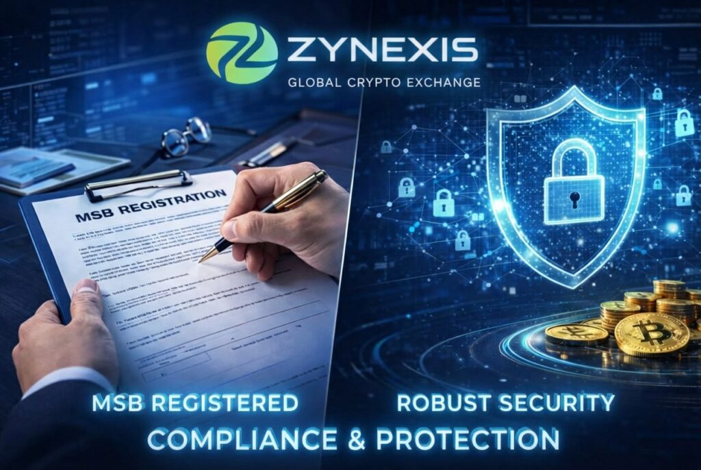 Zynexis crypto exchange security and compliance illustration showing MSB registration document and digital asset protection shield