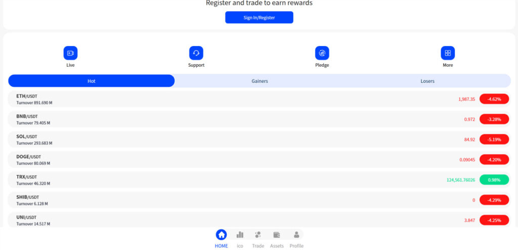 Zynexis mobile trading interface showing cryptocurrency market pairs such as ETH USDT BNB USDT and real time price movements
